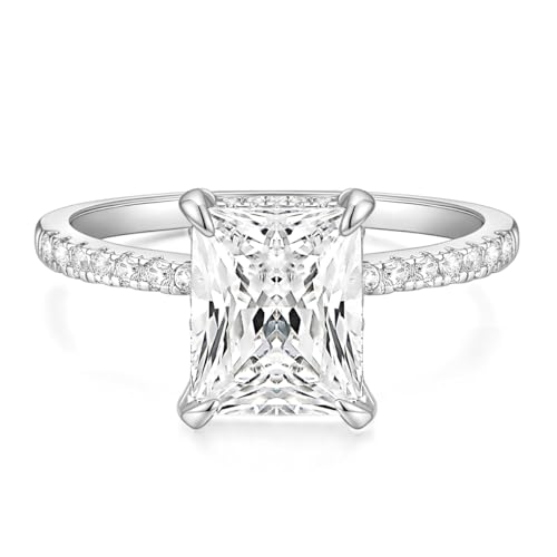 TIGRADE 4CT Engagement Ring for Women Radiant Cut Cubic Zirconia Wedding Band CZ Promise Anniversary Ring Size 3-13, Silver, Size 6.5