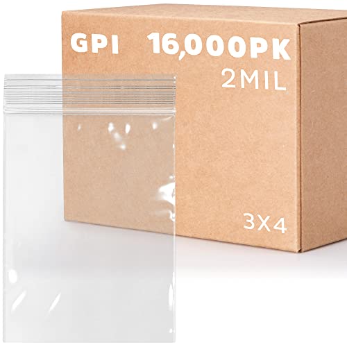 GPI - 3" X 4", 2 Mil, Bulk Case of 16,000 - Clear Plastic Reclosable Zip Bags - Strong & Durable Poly Baggies with Resealable Zip Top Lock for Travel, Storage, Packaging & Shipping.