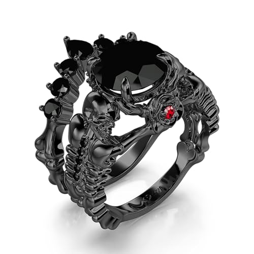 Jeulia 2PCS Black Skull Wedding Ring Set: Sterling Silver 3.6ct Round Cut Ruby Diamond Gothic Ring Band Engagement Halloween Ring Romantic Christmas Bride Set for Women with Gift Jewelry Box (Skull, 8)