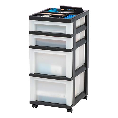 IRIS USA Plastic Drawer Storage Organizer Rolling Cart, with Wheels Casters, 4-Drawers, for Classroom Art Craft Supplies Dresser Closet Bathroom Laundry Room, Black/Pearl