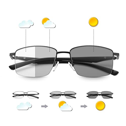 Photochromic Progressive Multifocus Reading Glasses W/ Spring Hinges 180° Transition Multifocal UV400 Sunglasses Sun Readers Blue Light Blocking Computer Eyeglasses Anti Glare Presbyopia for Men Women