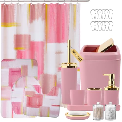 XLHOMO Bathroom Set - Pink and Gold Bathroom Accessories Set, Bathroom Sets with Shower Curtain and Rugs, Pink Shower Curtain Set with Bathroom Trash Can, Soap Dispenser, Soap Dish for Home Decor