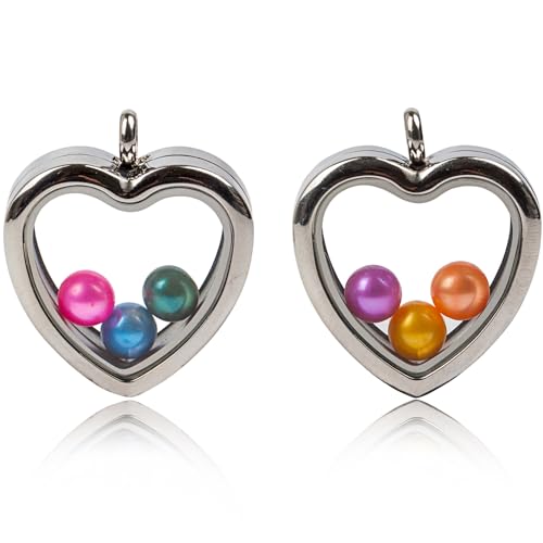 Africanbeads 2PCS 30MM Heart Stainless Steel Floating Charms Lockets with 6 Freshwater Pearls, Living Memory Glass Charms Pendant Necklace for Women(Without Chain)