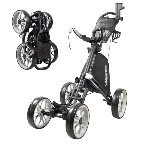 CaddyTek CaddyCruiser One V8 4-Wheel Golf Push Cart – Lightweight Folding Trolley, Aluminum Frame, 1-Click Fold, EVA Wheels, Adjustable Handle, Foot Brake & Storage Console