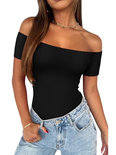 REORIA Womens Sexy Casual Off The Shoulder Short Sleeve Backless Going Out Double Lined Fitted Thong Bodysuit Tops Black Onyx Large