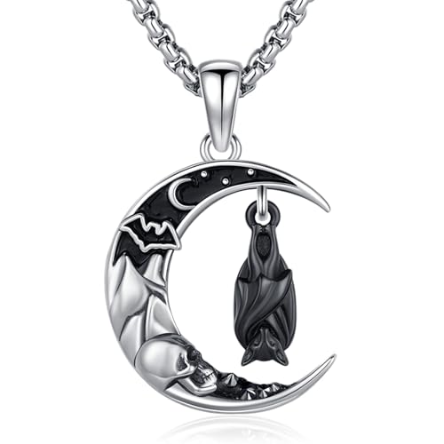 LOOVE Vampire Bat Necklace Goth Halloween Necklaces Sterling Silver Crescent Moon Black Bat Pendant Gothic Bat Necklace for Women Bat Jewelry Gift