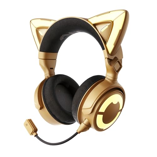 YOWU Cat Ear Headphones DJ, RGB Wireless & Wired Gaming Headset with Microphone for PC/PS4/PS5/XBOX/Switch, Customizable Lighting and Effec for Gamer(Gold)