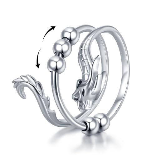 Daixiya Anti Anxiety Ring 925 Sterling Silver Chinese Dragon Adjustable Anxiety Fidget Ring With Bead Spinner Rings Dragon Jewelry Gifts for Men Women Women Teens (7)