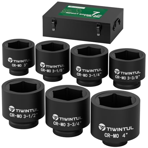 TIWINTUL 7-Piece 1-Inch Drive Socket Set, SAE, 3”, 3-1/8”, 3-1/4'', 3-3/8”, 3-1/2”,3-3/4”, 4” Shallow Spindle Axle Nut Socket, Jumbo Impact Socket Set with Metal Case for Trailer & Heavy Equipment