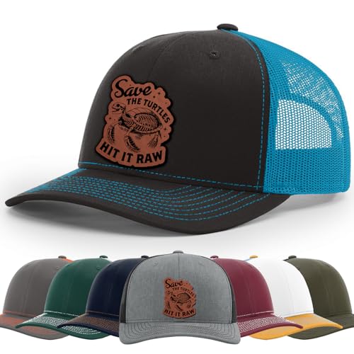 Save The Turtles Hit It Raw Hat, Save The Environment, Ocean Animals Lover Gifts Hat, 112 Style Trucker Leather Patch Hat for Men And Women Breathable Hat, Snapback Adjustable Hat