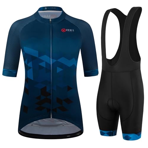 GCRFL Women's Cycling Jersey Set Short Sleeves Bike Jersey Zipper Pocket Bicycle Shorts with 4D Padded, Cycling Clothes Women (Blue, Small)