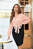 GRACE KARIN Women's Pencil Midi Dress Long Sleeve Elegant Casual Daily Knee Length Wrap Dresses Pink-Black L