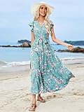 Hykytyhk Womens Summer Wrap V Neck Ruffle Short Sleeve Floral Maxi Dress with Tie Casual Party Beach Long Flowy Dresses Blue X-Large