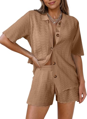 Pink Queen Women Knit Shorts Set 2 Piece Outfits Short Sleeve Button Down Sweater Top and Shorts Lounge Sets Brown Large
