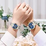 OLEVS Valentines Couple Pair Automatic Watches His and Her Couple Set Diamond Blue Wrist Watch Men Women Lovers Wedding Romantic Gifts Set of 2