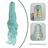 ANOGOL Long Green Cosplay Wig 3PCS Set (1 Hair Cap+2 Black Ribbons+1 Wig) With 2 Wavy Ponytails Costume Wig Synthetic Wig for Christmas Halloween Dress up Party