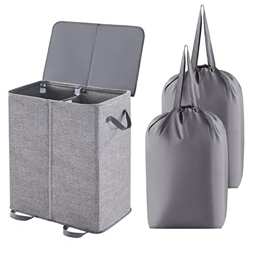 Lifewit Double Laundry Hamper with Lid and Removable Laundry Bags, Large Collapsible 2 Dividers Dirty Clothes Basket with Handles for Bedroom, Laundry Room, Closet, Bathroom, College, Grey