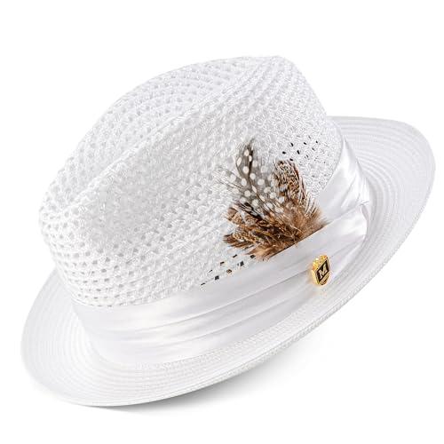MONTIQUE Braided Pinch Fedora Hat for Men | Lightweight Polyester Summer Panama Hat Trendy Design | L, White H-24