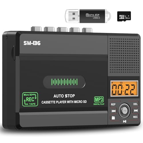 SEMIER Small Cassette Tape Player, USB C or SD Card Audio Cassette to MP3 Digital Converter, Record to Cassette/Computer/SD Card via Mic, LCD Display, Loud Speaker, Headphone Jack,16GB SD Card