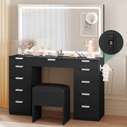 YITAHOME Illuminated Makeup Vanity Desk Set with LED Mirror and Lights, 46'' Dressing Table Boasting 11 Drawers, Power Outlet, Magnifying Glass, Complemented with Storage Stool, Sophisticated Black