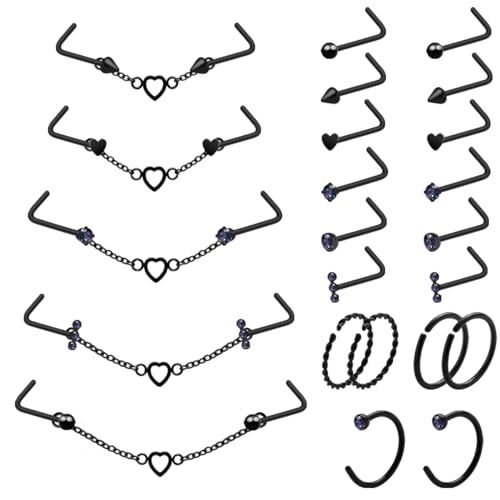 20G Nose Ring Nose Piercing Chain Stainless Steel Across Nose Nostril Jewelry with CZ Nose Hoop Bone Screw L Shaped Nose Ring Stud for Women Men High Nostril Bridge Nose Jewelry (Black Mixed Single Heart Nose Chain Studs-2)