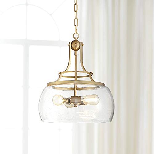 Franklin Iron Works Charleston Warm Brass Pendant Chandelier 16" Wide Modern Dimmable LED Clear Seedy Glass 3-Light Fixture for Dining Room Living House Home Foyer Kitchen Island Entryway Bedroom