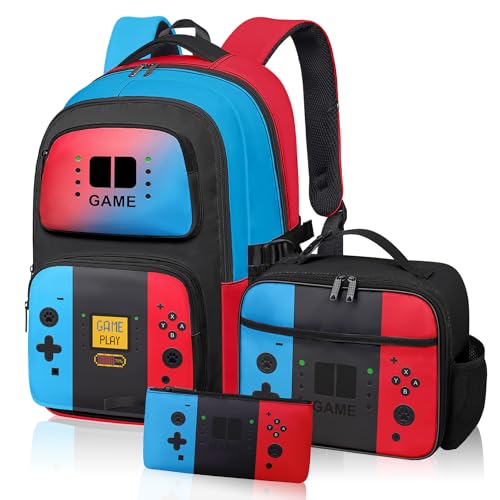 APLAET Game Backpack Set for Boys Kids, Gaming Kids Boys Backpack with Lunch Box and Pencil Bag, Large Capacity Game School Bag 17"
