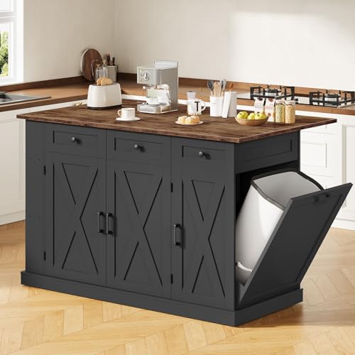 CHOEZON 51.2" Movable Kitchen Island Table with Foldable Top, Kitchen Island Cart with Storage, Trash Bin Cabinet, 2 Drawers, Spice Rack, Shelf Adjustable, Black and Rustic Brown MZD03BF