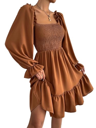 NIYIGEJI Women's Lantern Sleeve Elastic Waist Dress One Shoulder Collar Casual Loose Flowing Shift Dress Brown-L