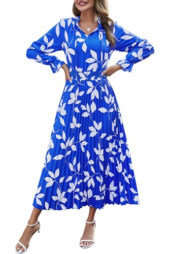 PRETTYGARDEN Boho Dress for Women Casual Spring Fall Long Sleeve V Neck Print Pleated Midi Dresses (Blue Leaves,Small)