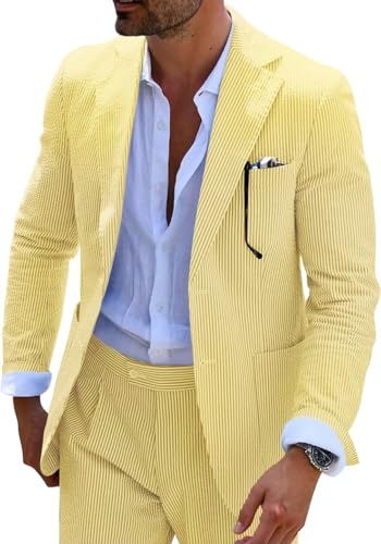 Mrbuerly Mens Yellow Seersucker Summer Suit Grooms Sear Sucker Suit for Wedding Mens Formal Suits Slim Fit M