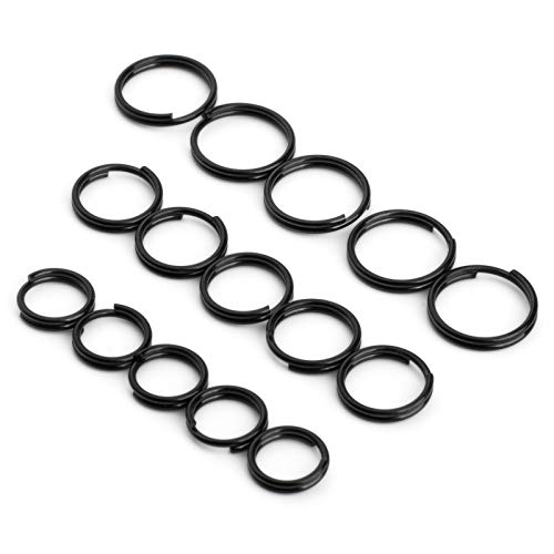 FEGVE Titanium Key Rings Split Rings, Small Keyrings, Jump Rings for Necklaces, Keys, Jewelry Attachment - 15pcs Mix 10/12/14mm (Black)