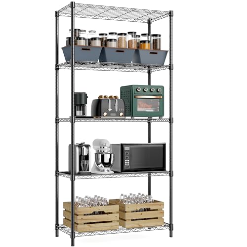 MZG 5 Tier Storage Rack Metal Wire Shelving Unit, Storage Standing Household Shelf Organizer for Laundry Bathroom Kitchen Pantry Closet Garage Basement Utility Room, Black 15.8" D x 33.5" W x 70.4" H