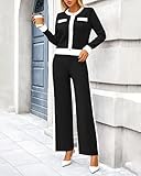 PRETTYGARDEN Women's 2 Piece Outfits Long Sleeve Button Down Color Block Cardigan Sweater Sets Wide Leg Pant Lounge Set(Black,Small)