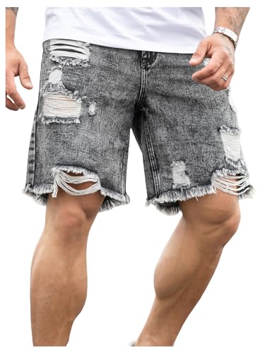 Verdusa Men's Ripped Distressed Raw Hem Straight Leg Denim Shorts Grey Medium