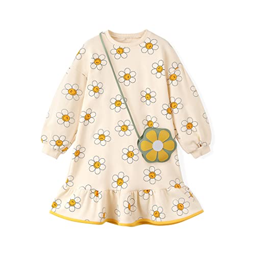 Ozkiz Girls Easter Dress Long Sleeve with Bag Set - Korean Floral Cotton Toddler Church Outfit Ages 4-8 Ivory