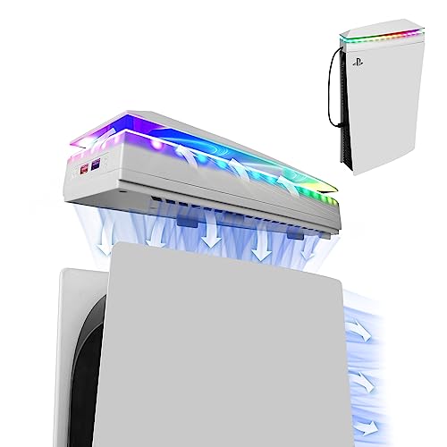 Raryars Console Cooling Fan with Dust Cover Colorful LED Light for PS5 Console Disc Edition & Digital Edition Silent Absorb Fan Cooler with 2 USB Port PlayStation 5 Cooling System