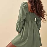 EXLURA Womens 2025 Square Neck Dress Long Puff Sleeve A-Line Casual Short Mini Dresses Green