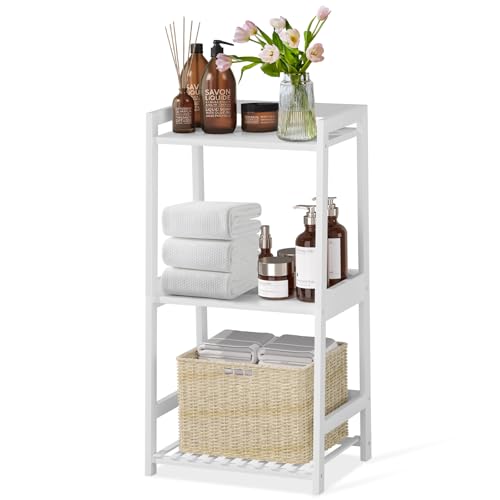 POXAKA 3 Tier Bamboo Bathroom Shelves, Ladder Shelf for Storage, Rustic Home Organizer, Space-Saving Design, Stylish Display Nightstand, Stylish Storage Solution for Home, Living Room, Kitchen