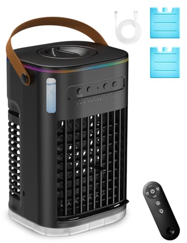 Small Air Conditioner Portable Ac Unit, Evaporative Air Cooler With 2Ice Packs & 1.2L Water Tank, Personal Air Cooler with Remote, Powered by USB, Mini Room Air Conditioner for Car