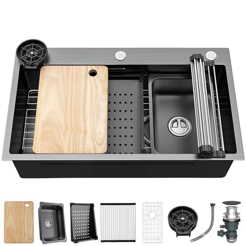 YITAHOME 32in Black Kitchen Sink Drop In Sink Workstation, Top mount Stainless Steel Nano Sink w/Cup Washer, Cutting Board, Handmade Single Bowl Sink with Accessories 32 x 18 x 10in