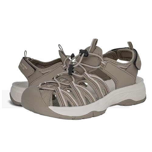 GRITION Women Outdoor Hiking Sandals Summer Beach Sport Comfort Adjustable Closed Toe Protection Casual Breathable Water Shoes Athletic Walking Sandal 41EU/10US Beige