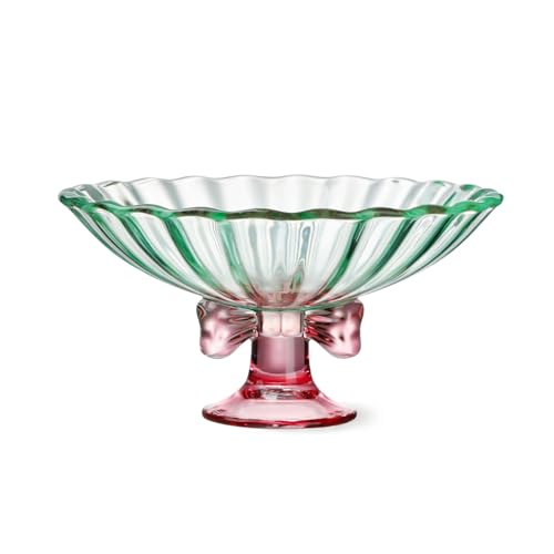 TUCHACA Glass Fruit Bowl. 9 inch Glass Pedestal Bowl. Elegant Bow Decoration Multicolor Salad Plate. Suitable for Fruit, Dessert, Candy, Snack & More. (Green & Pink)