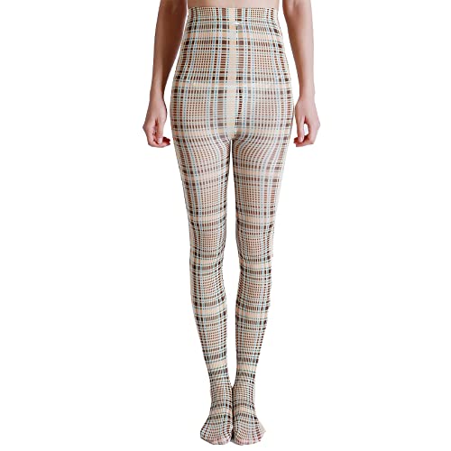 Sahabowi Digital Print Pantyhose For Women, Sheer High Waist Tights, Control Top Stockings, Super Elasticity&Thin (HLW20210411129, Yellow Plaid, 1ps)