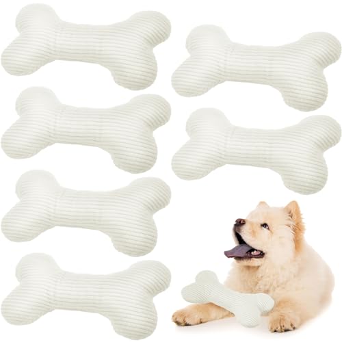 Poen 6 Pcs Bone Shaped Plush Squeaker Dog Birthday Toy Soft Stuffed Calming Toy with Squeaker for Small Medium Pet Dogs Puppy Chew Claw Interactive Fetch, 8. 27 x 4. 72 Inch White