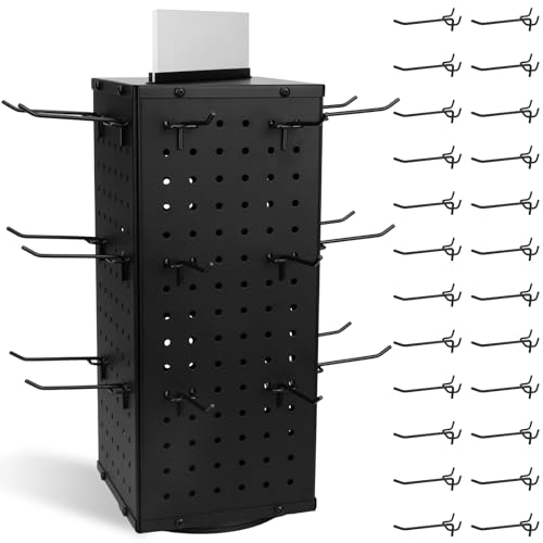 Zealor Rotating Pegboard Display Stand With 24 Hooks, 4-Sided Metal Spinning Peg Board Display 7.4"x7.4"x17" Spinner Pegboard Carousel Craft Rack Organizer (Black)