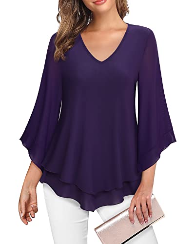 Lotusmile Womens Tops Dressy Casual, Womens Dressy Tops and Blouses for Work Flutter 3/4 Sheer Sleeve Mesh Blouse Business Attire Purple Shirt Going Out Evening Tops for Mature Women Party Elegant, L