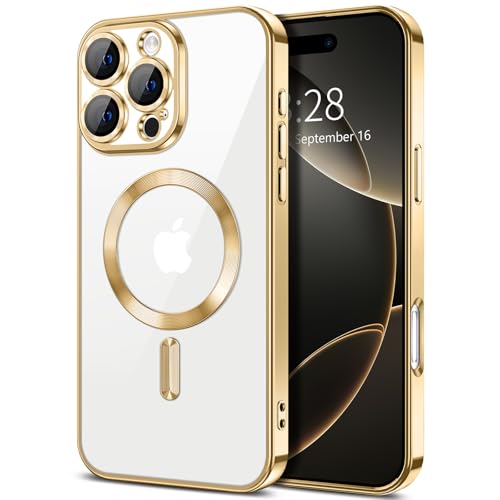 Hython Magnetic Clear for iPhone 16 Pro Case with Camera Lens Protector [Compatible with MagSafe] Luxury Plating Edge Slim Soft TPU Cover Protective Phone Case for iPhone 16 Pro 6.3", Gold