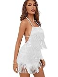 LYANER Women's Sexy Fringe Halter Waist Tie Back Sleeveless Romper Jumpsuit Playsuits Pure White X-Small