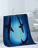 Yukro 3 Piece Bath Towel Set, Dark Blue Shark in Ombre Blue Sea 1 Bath Towel, 1 Hand Towel and 1 Wash Cloth Microfiber Towel, Highly Absorbent Ultra Soft Towels for Bathroom Pool Gym